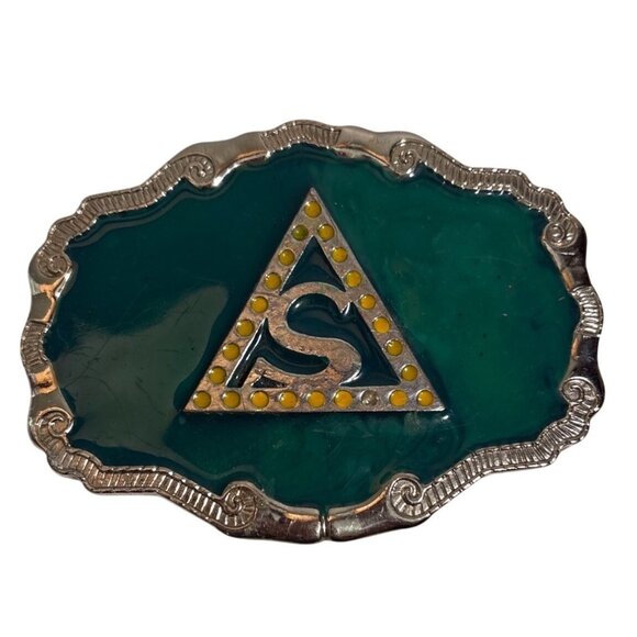 Vintage Silver Toned Belt Buckle Green Enamel & Yellow Accents Triangle with "S" - Picture 1 of 4